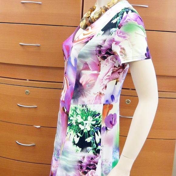 SHORT SLEEVE FLORAL DRESS FLARED SKIRT STRETCH - Picture 4 of 8